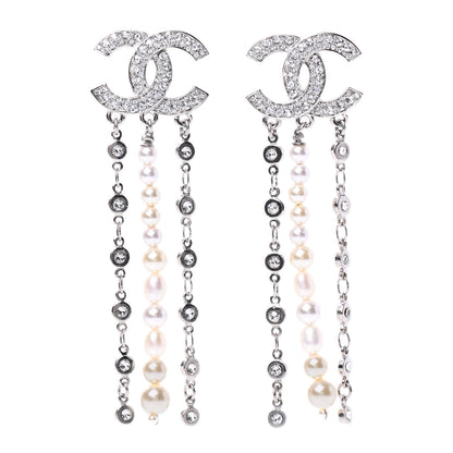 Chanel Crystal Pearl CC Drop Earrings Silver 1 of 4