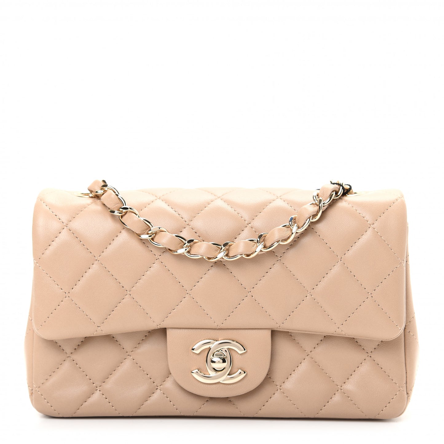 Lambskin Quilted Mini Rectangular Flap Dark Beige