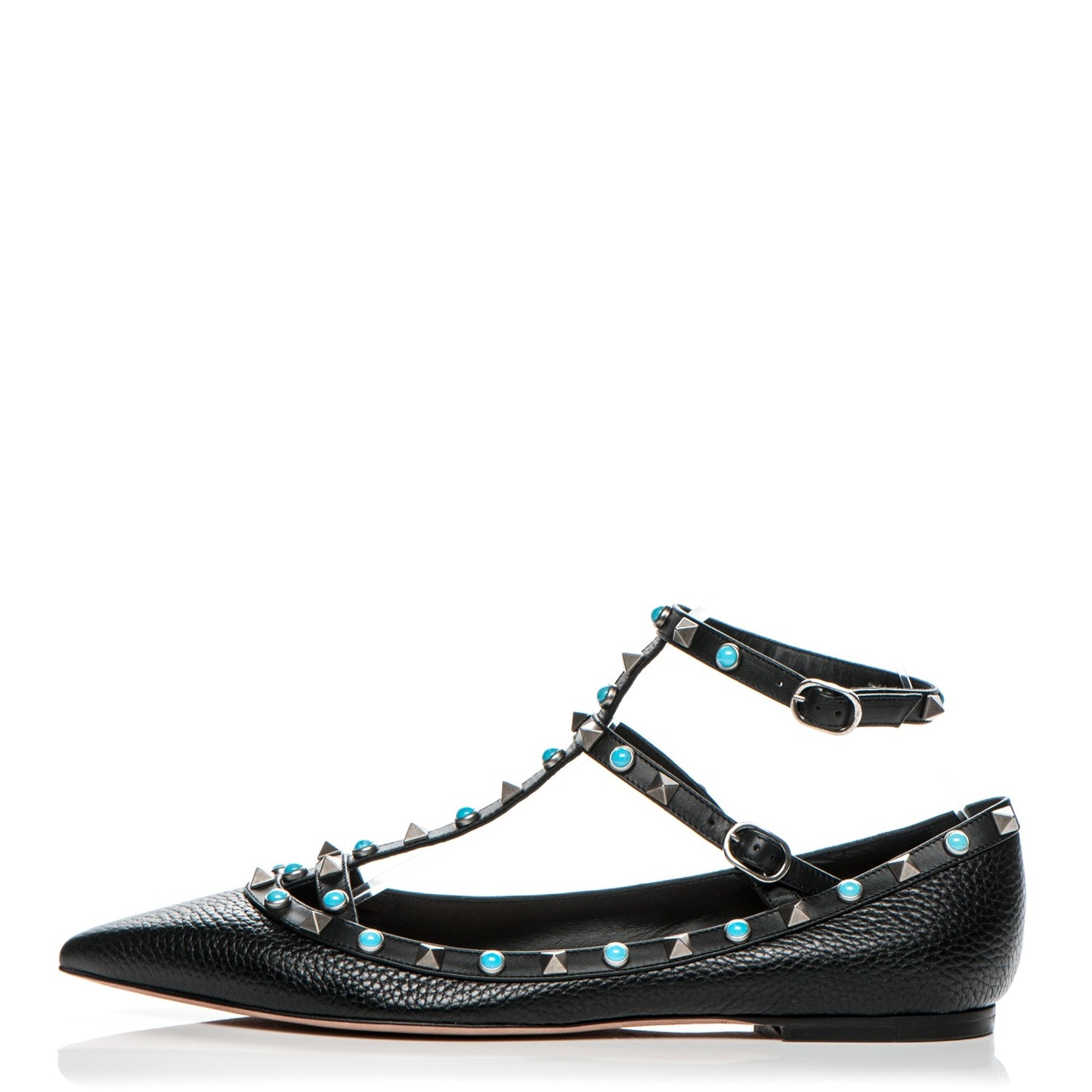 Pebbled Calfskin Rockstud Rolling Cage Ballerina Flats 41 Black