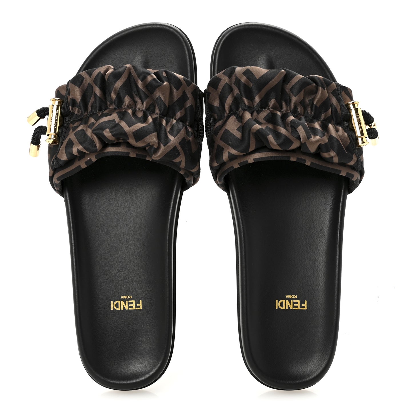 Satin FF Fendi Feel Slide Sandals 38 Tobacco Black