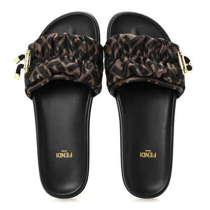 Fendi Satin FF Fendi Feel Slide Sandals 38 Tobacco Black 2 of 8