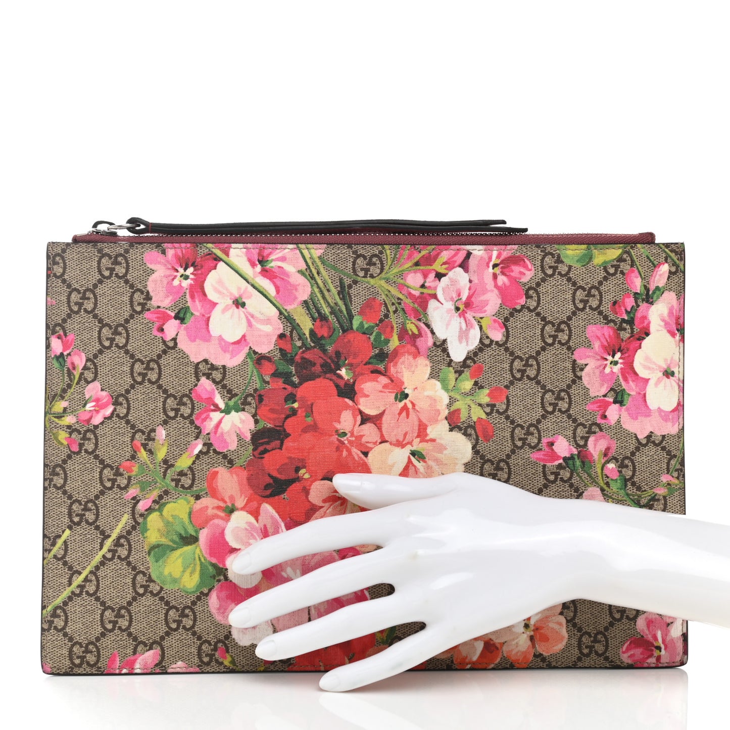 GG Supreme Monogram Blooms Suede Large Zip Pouch Beige Multicolor Dry Rose