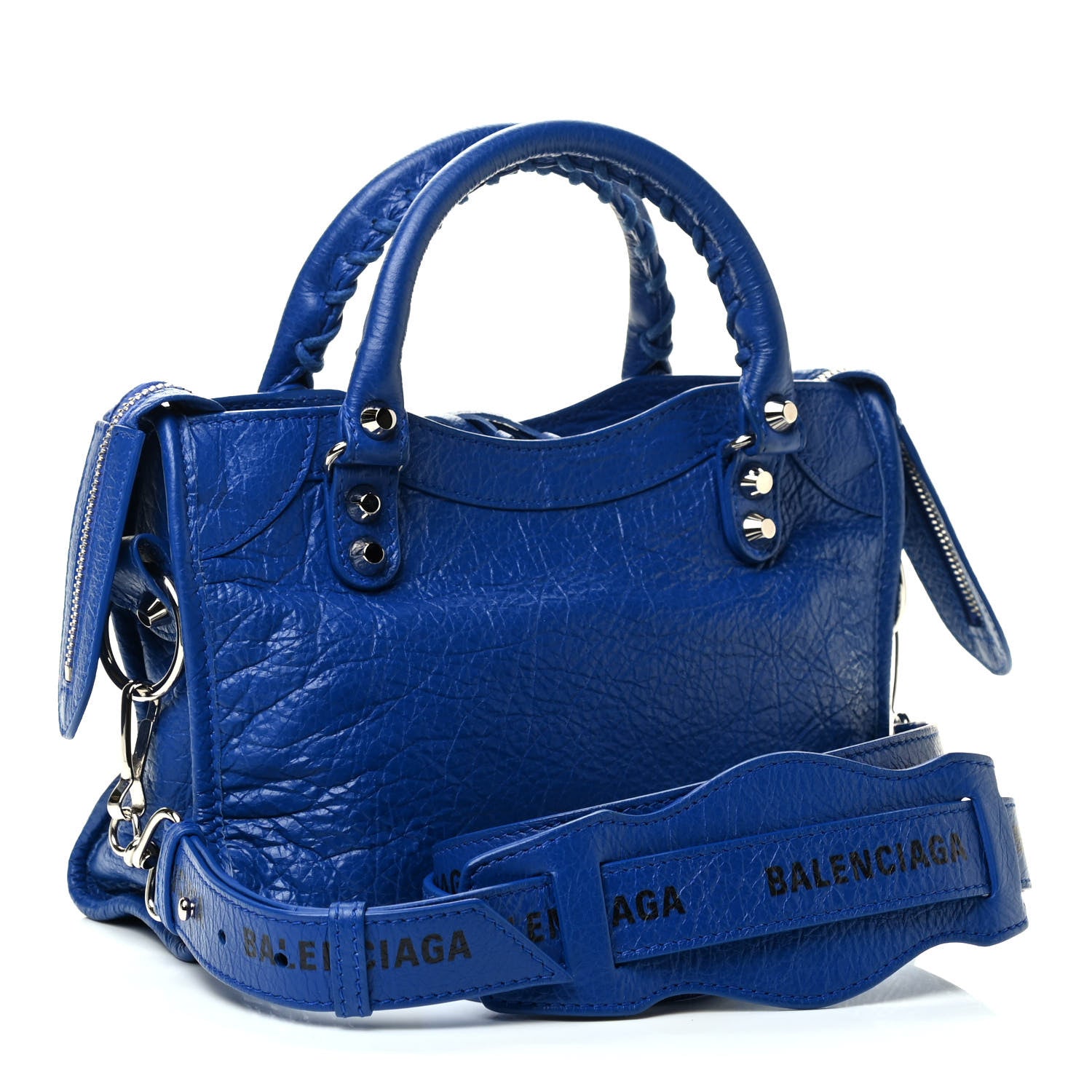 Balenciaga Agneau Classic Silver Hardware Mini City Logo Strap Bleu Electric Black 3 of 9