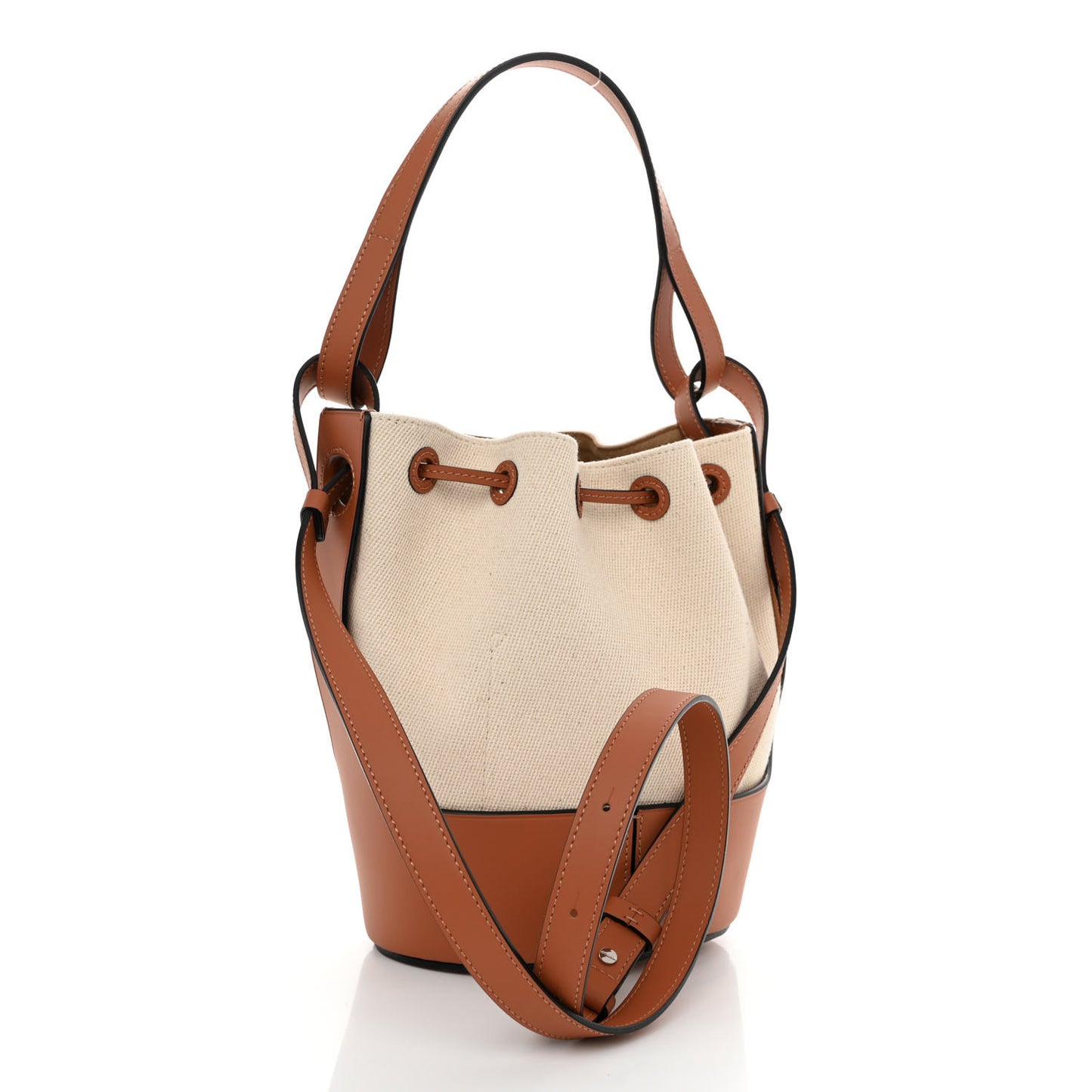 Canvas Calfskin Balloon Bucket Bag Ecru Tan