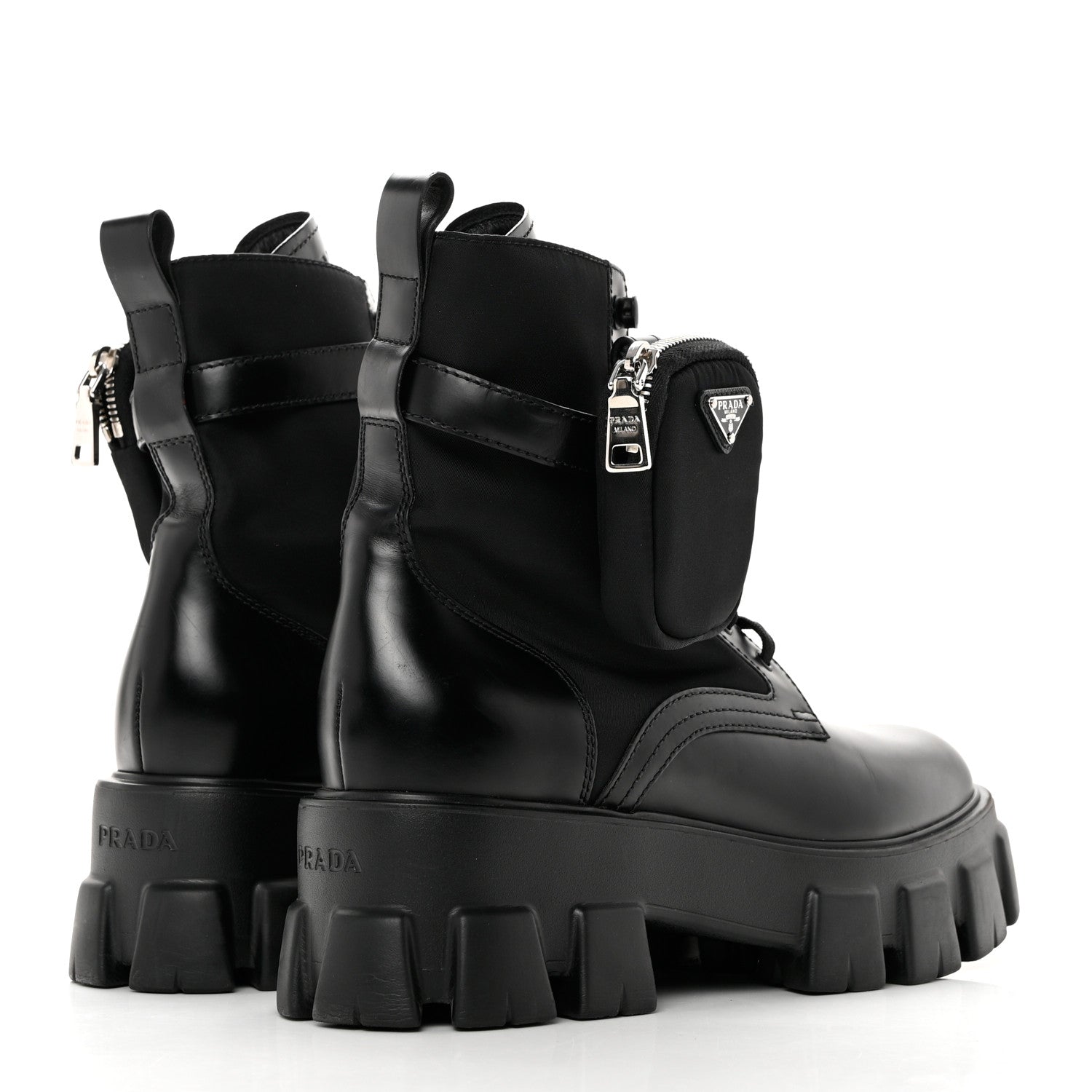 Prada Spazzolato Rois Nylon Metal Triangle Logo Monolith Pouch Pocket 55mm Boots 40 Black 4 of 8