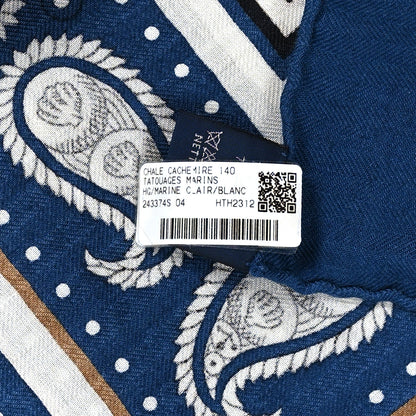 Hermes Silk Cashmere Tatouages Marins Shawl 140 Marine White 4 of 4