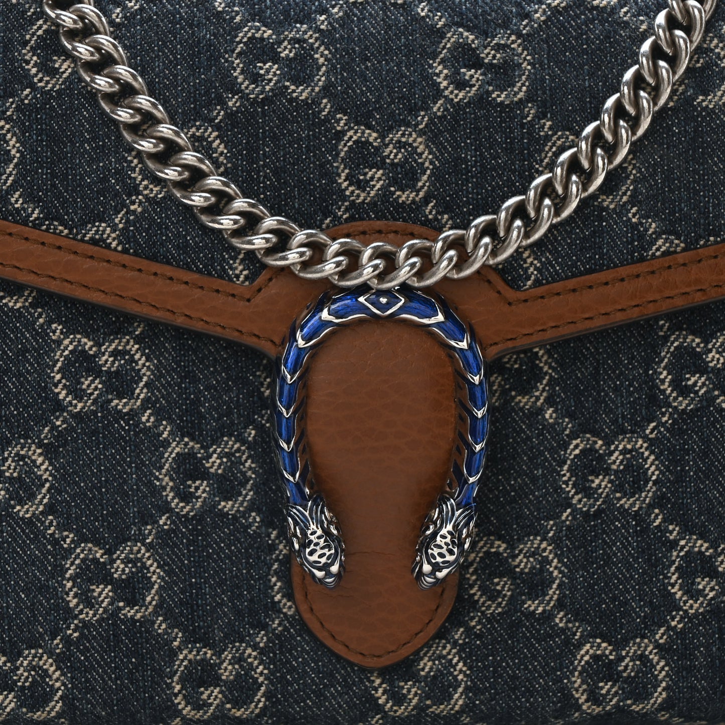 New Denim GG Monogram Dollar Calfskin Enamel Mini Dionysus Chain Wallet Blue Tea Cuir Epilog Electric Blue