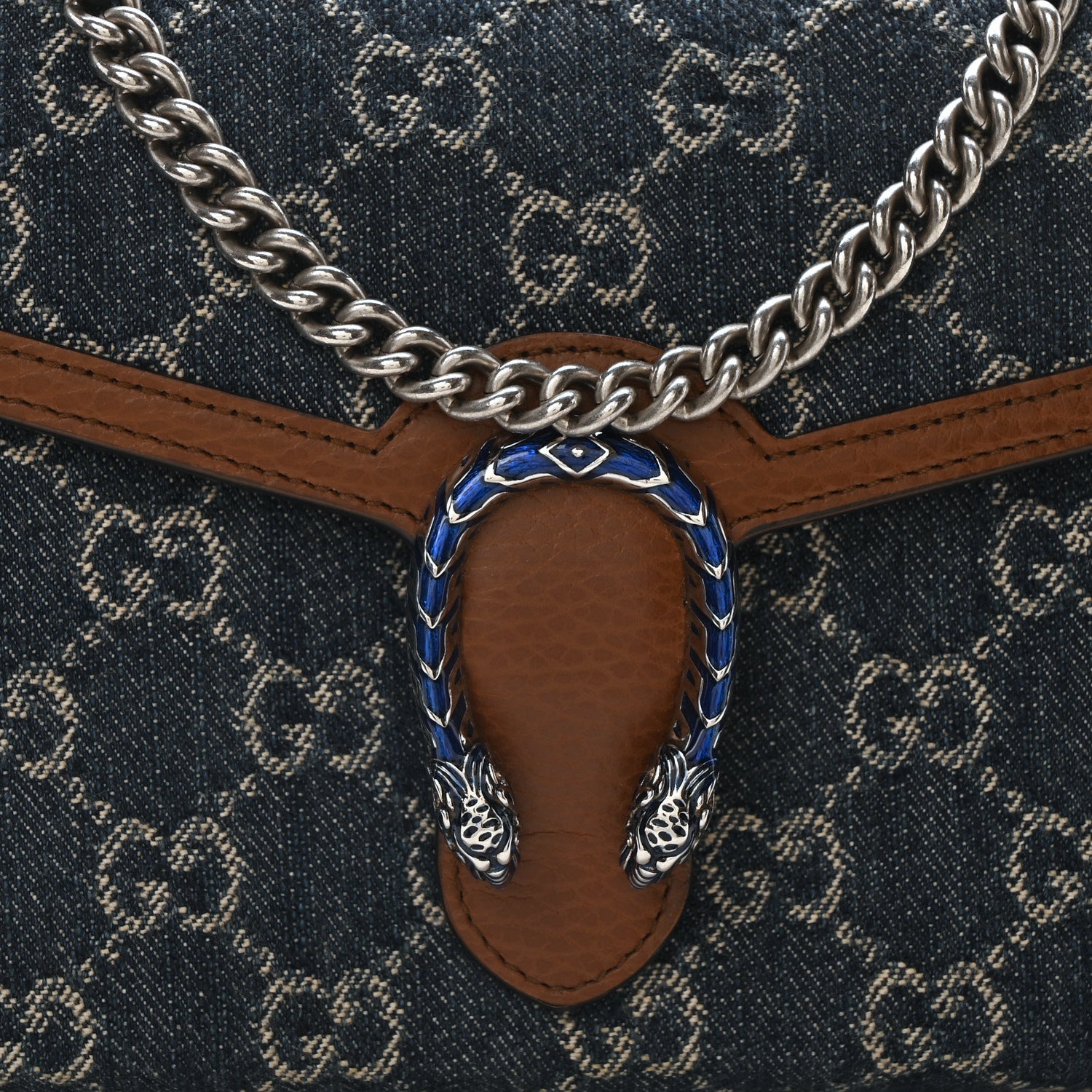 Gucci New Denim GG Monogram Dollar Calfskin Enamel Mini Dionysus Chain Wallet Blue Tea Cuir Epilog Electric Blue 7 of 9