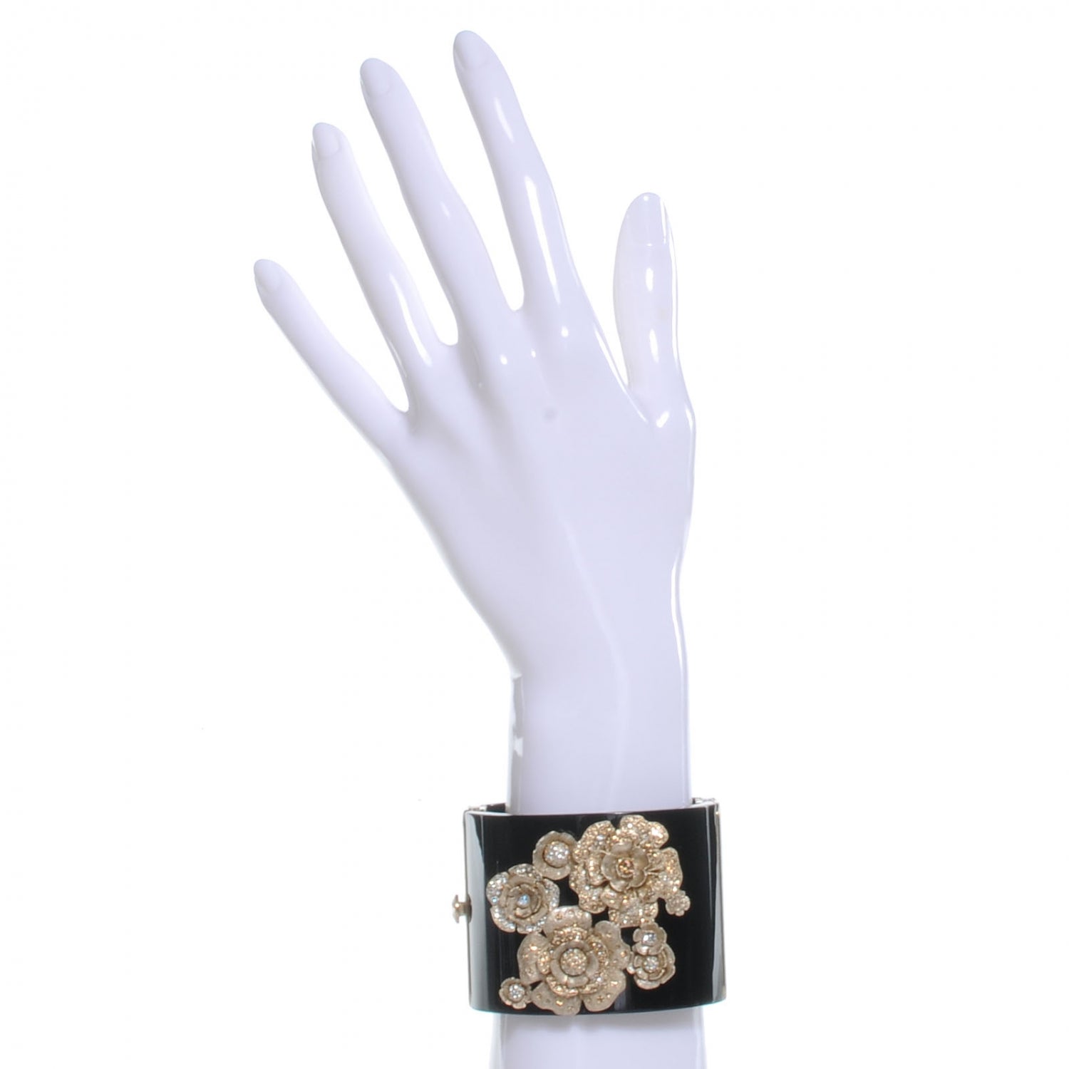 Chanel Resin Crystal CC Camellia Wide Cuff Black 2 of 5