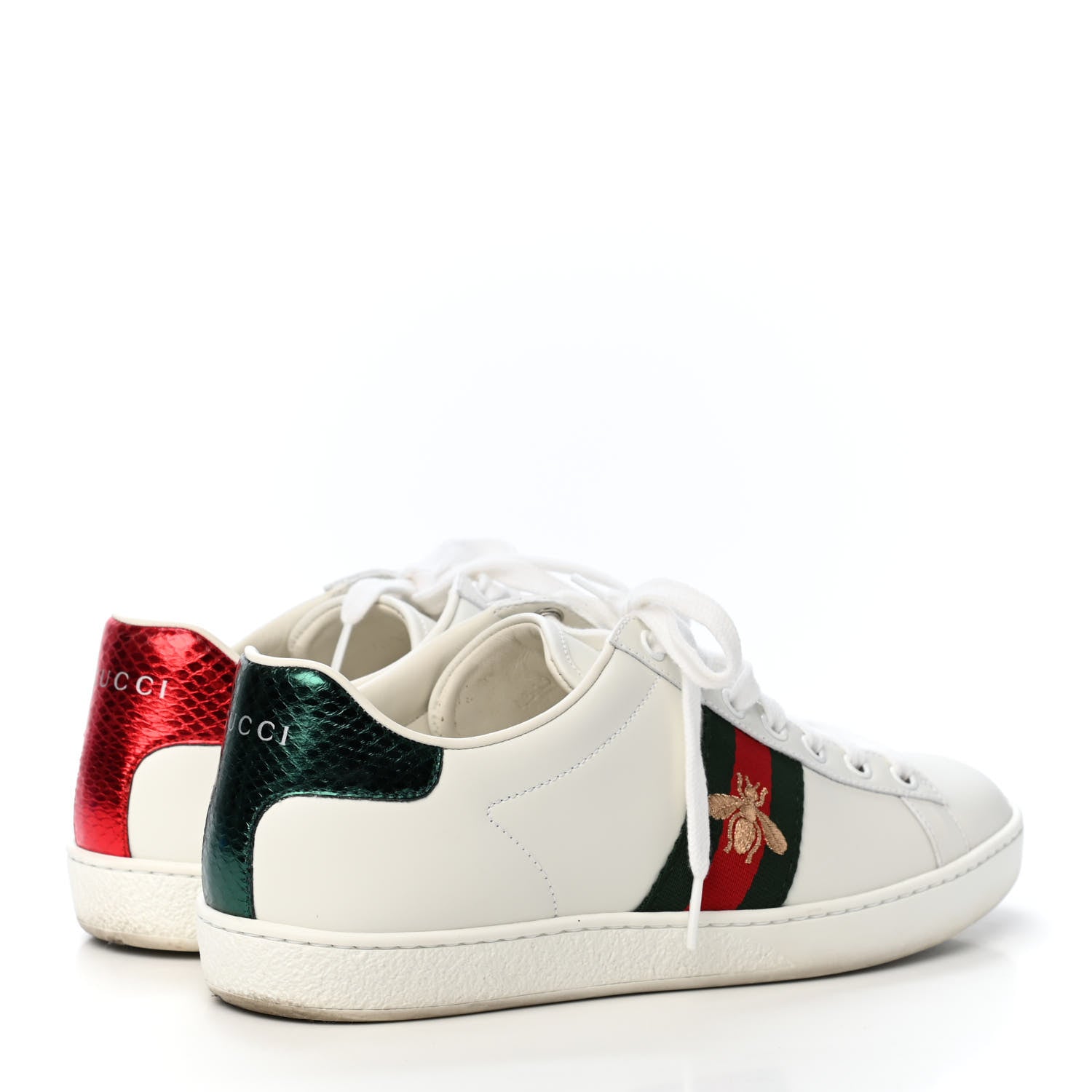 Gucci Calfskin Ayers Web Bee Embroidered Womens Ace Sneakers 38.5 White Green 3 of 4
