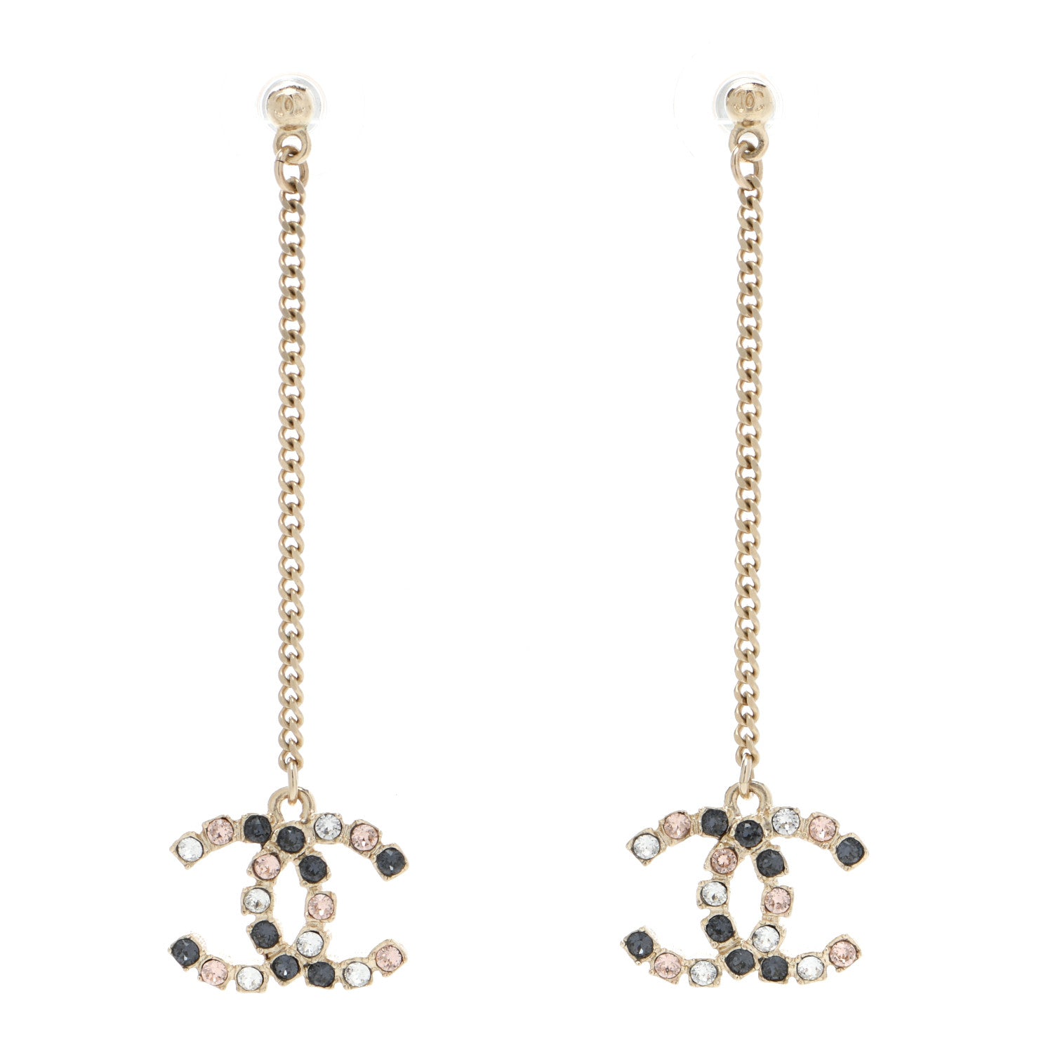 Chanel Crystal CC Drop Earrings Pink Grey Gold 1 of 4