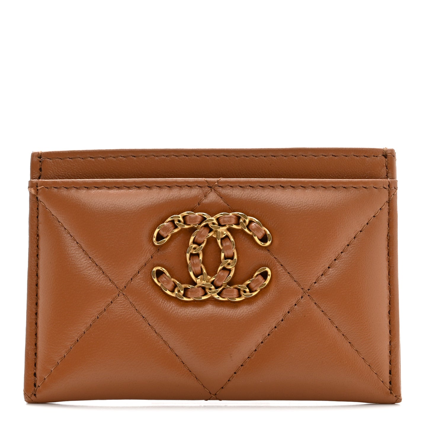 Lambskin Quilted Chanel 19 Card Holder Brown