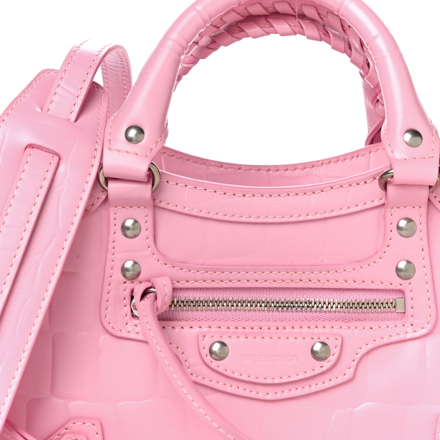 Semi Shiny Calfskin Crocodile Embossed Neo Classic Silver Hardware Mini City Pink