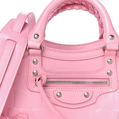 Balenciaga Semi Shiny Calfskin Crocodile Embossed Neo Classic Silver Hardware Mini City Pink 7 of 9