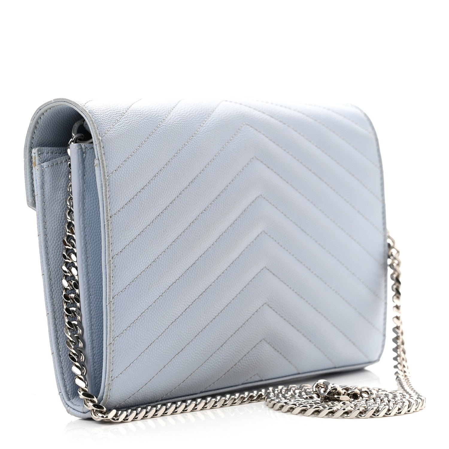 Saint Laurent Grain De Poudre Matelasse Chevron Monogram Chain Wallet Sky Blue 2 of 9