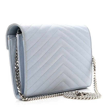 Saint Laurent Grain De Poudre Matelasse Chevron Monogram Chain Wallet Sky Blue 2 of 9