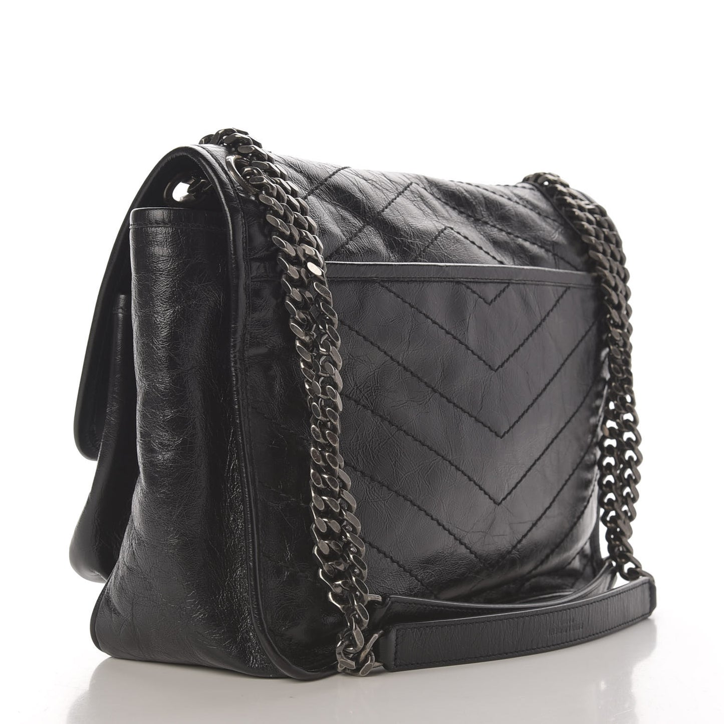 Crinkled Calfskin Matelasse Monogram Medium Niki Chain Satchel Black