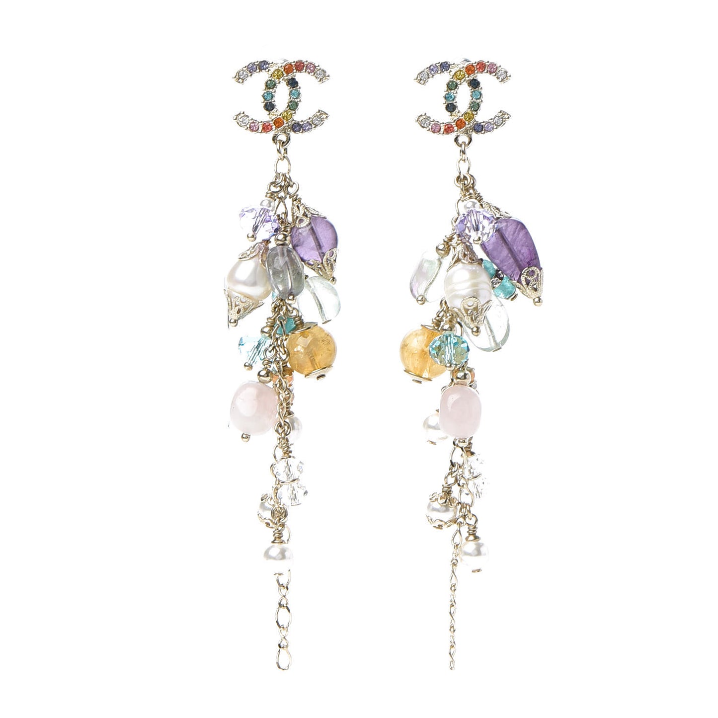 Crystal Pearl Beaded CC Long Drop Earrings Multicolor