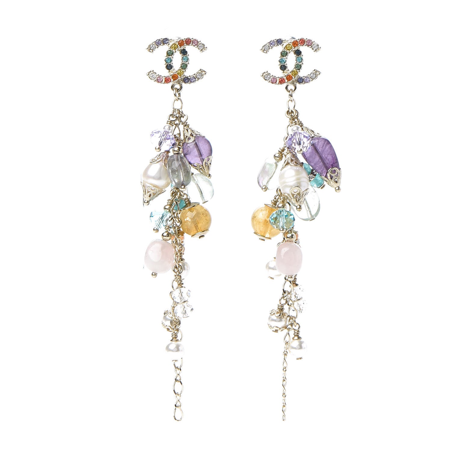 Chanel Crystal Pearl Beaded CC Long Drop Earrings Multicolor 1 of 6