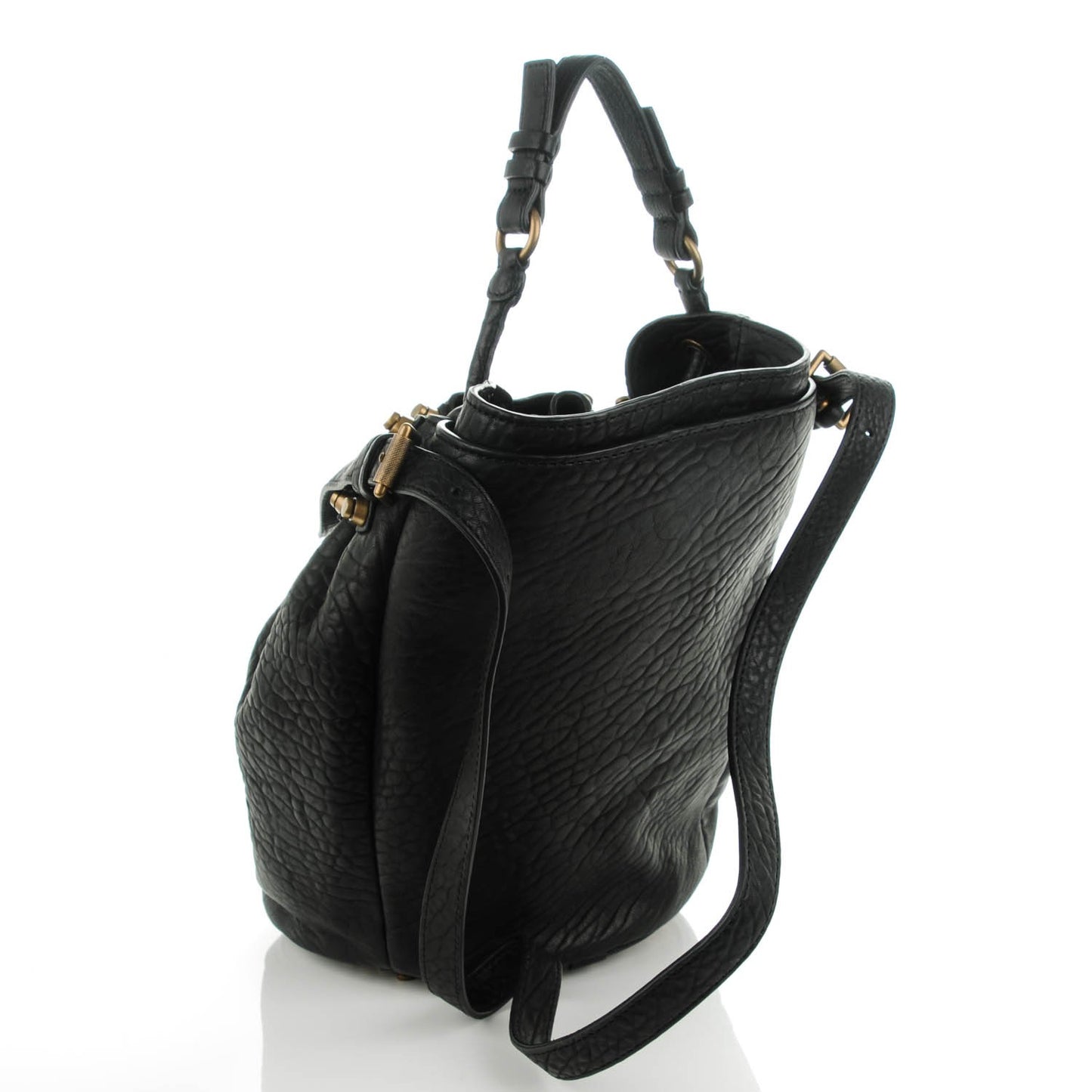 Pebbled Lambskin Diego Bucket Black Antique Brass Hardware