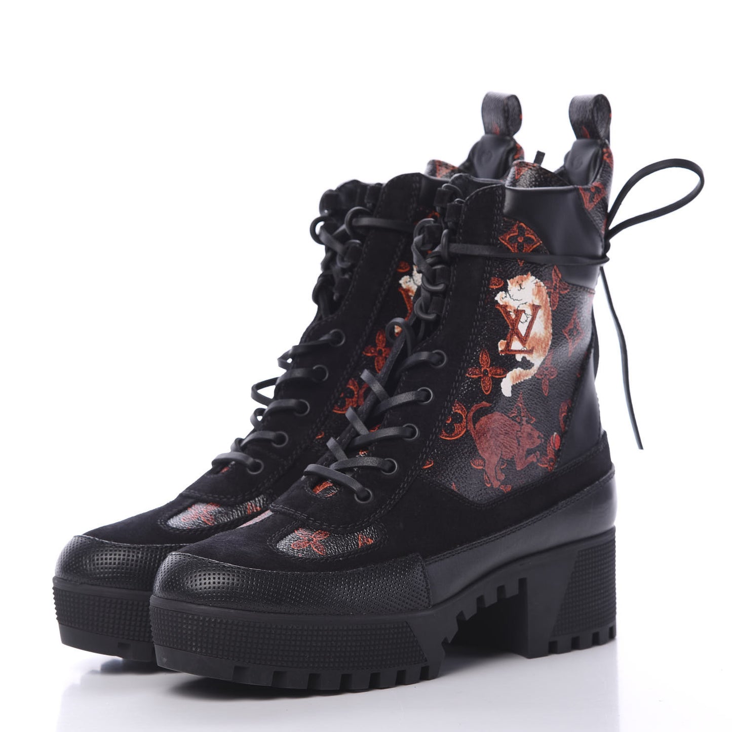 Suede Calfskin Catogram Laureate Platform Desert Boots 38.5 Black Marron