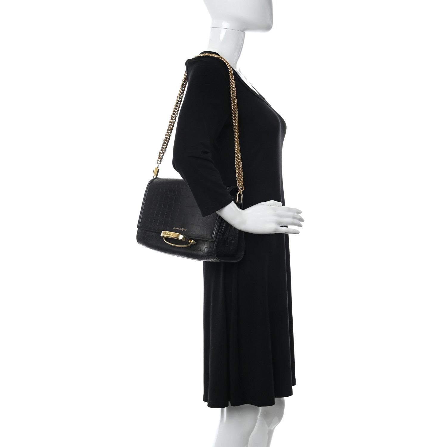 Alexander McQueen Calfskin Crocodile Embossed The Story Shoulder Bag Black 2 of 9