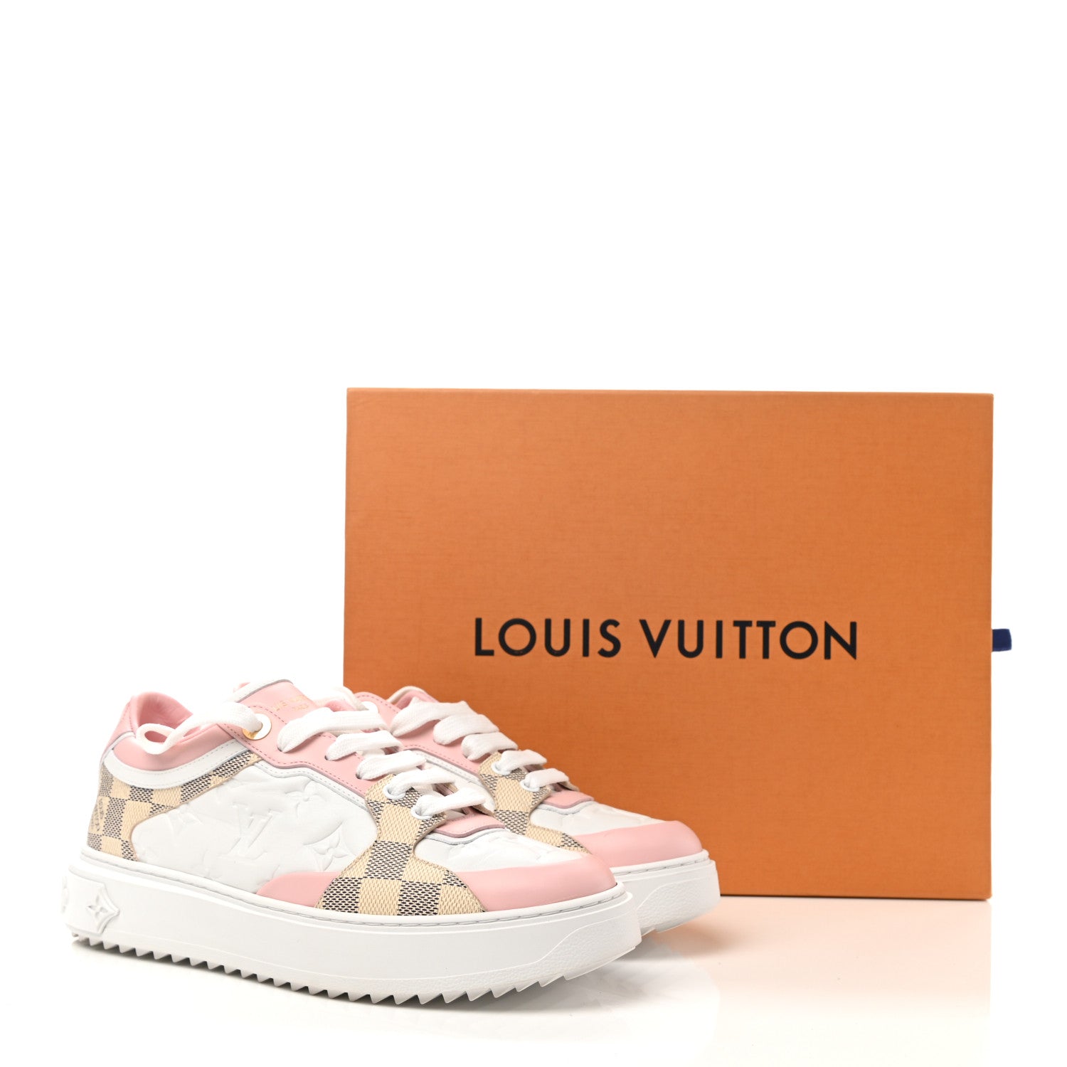 Louis Vuitton Monogram Embossed Calfskin Damier Azur Time Out Sneakers 39 Rose Clair Pink 9 of 9