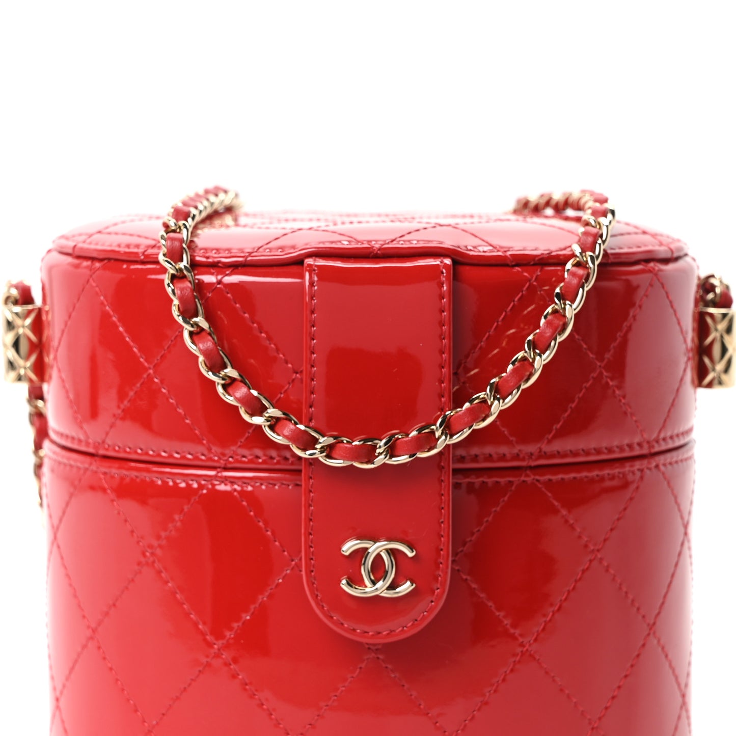 Patent Quilted Small Round Vanity With Chain  Red