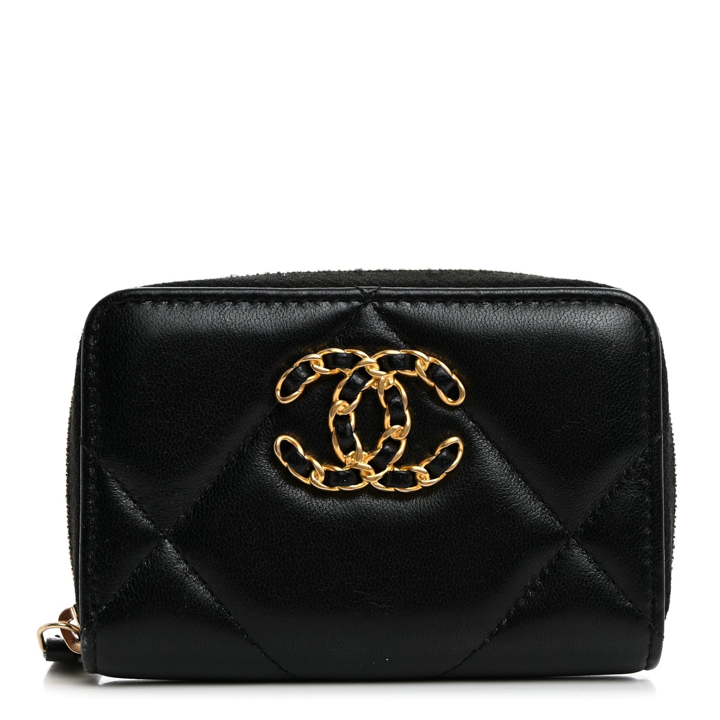 Lambskin Quilted Chanel 19 Zip Around Coin Purse Wallet Black