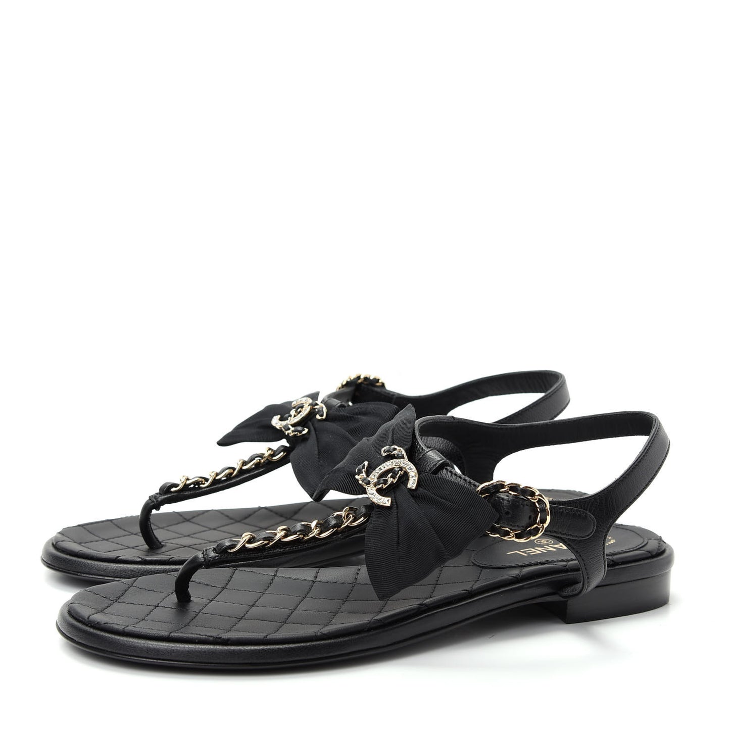Lambskin Crystal Chain CC Logo Thong Sandals 35.5 Black