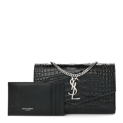 Saint Laurent Calfskin Crocodile Embossed Monogram Uptown Chain Wallet Black 1 of 13