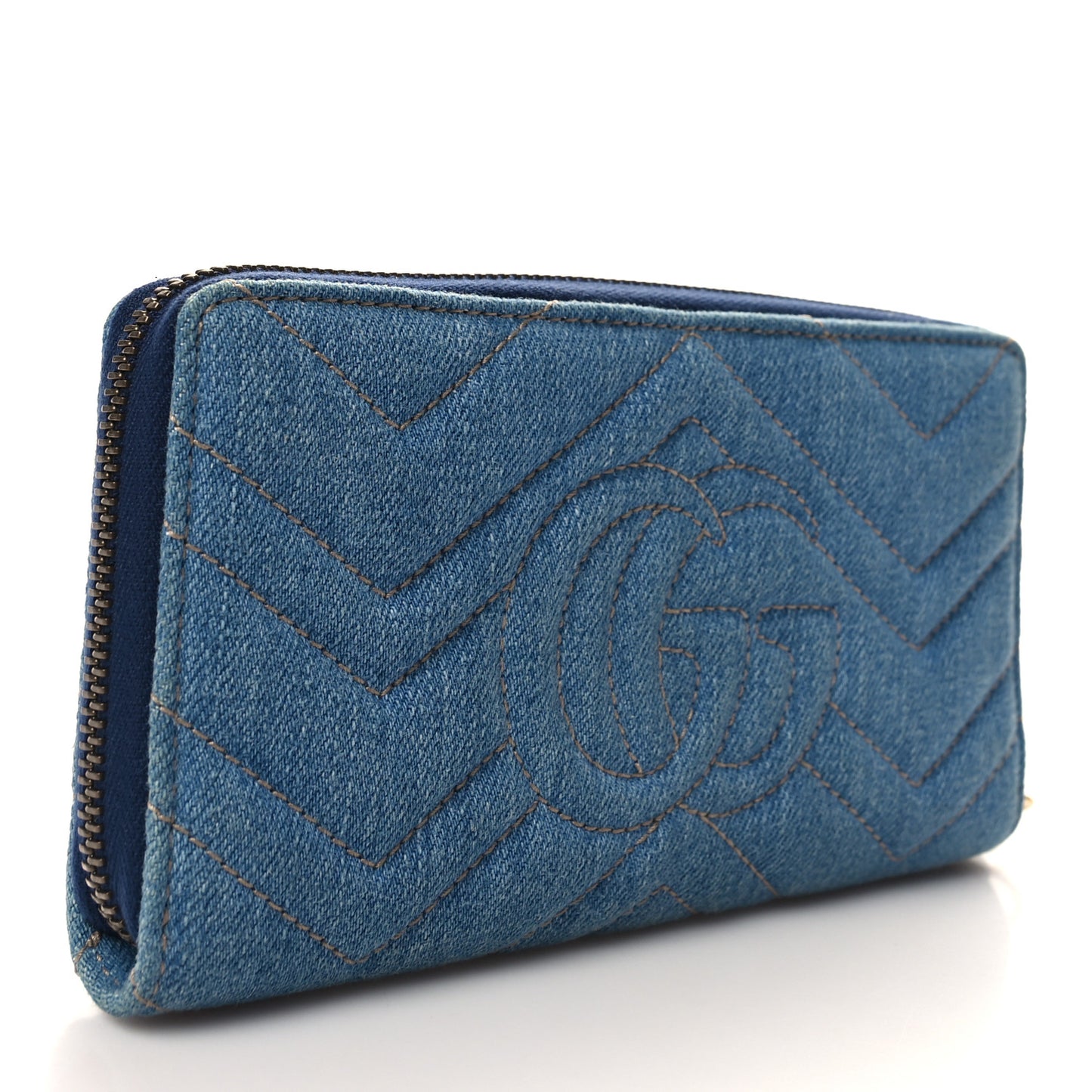 Denim Matelasse Floral Embroidered GG Marmont Zip Around Wallet Blue