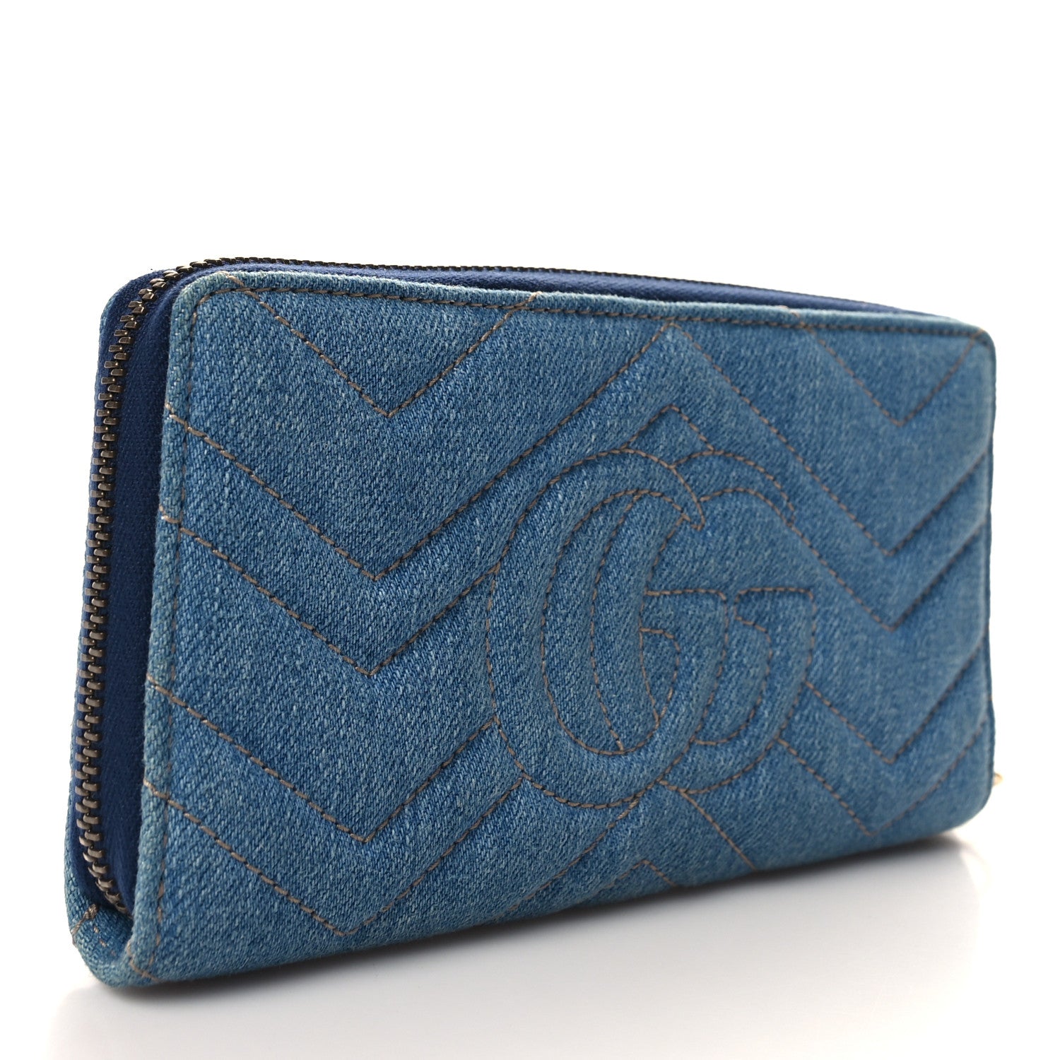 Gucci Denim Matelasse Floral Embroidered GG Marmont Zip Around Wallet Blue 3 of 8