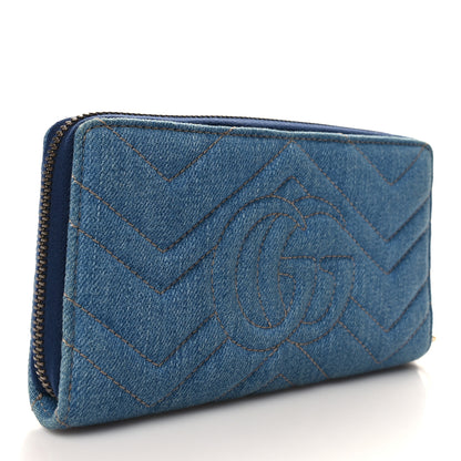 Gucci Denim Matelasse Floral Embroidered GG Marmont Zip Around Wallet Blue 3 of 8