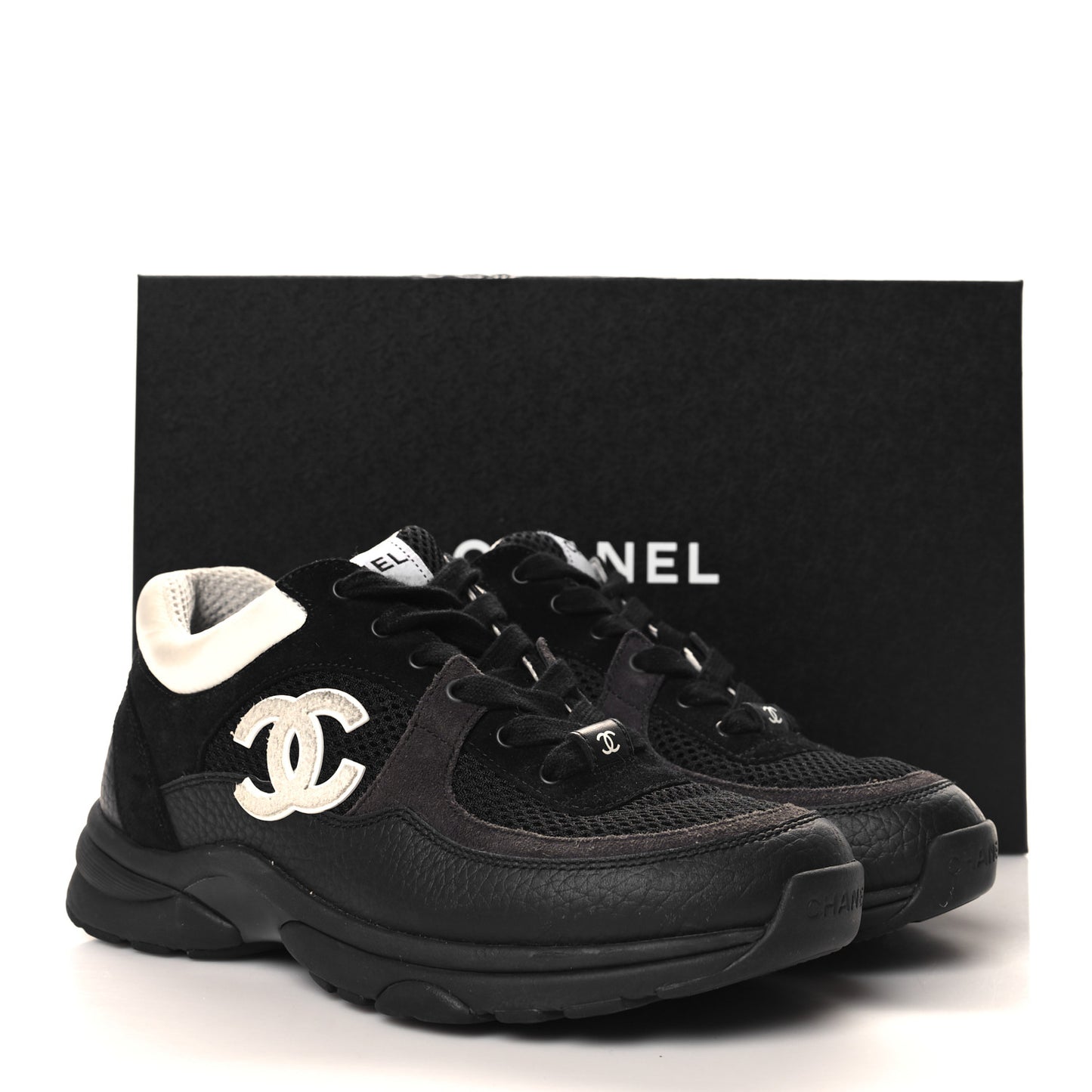 Mesh Suede Grained Calfskin Womens CC Sneakers 36.5 Black White