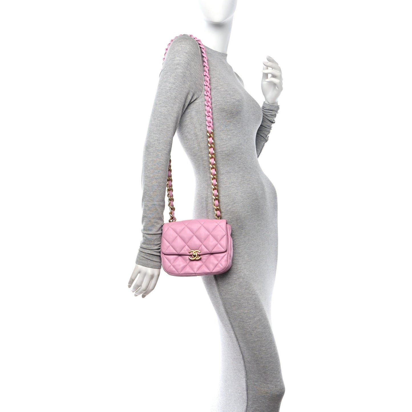 Lambskin Quilted Mini Lacquered Chain Flap Pink