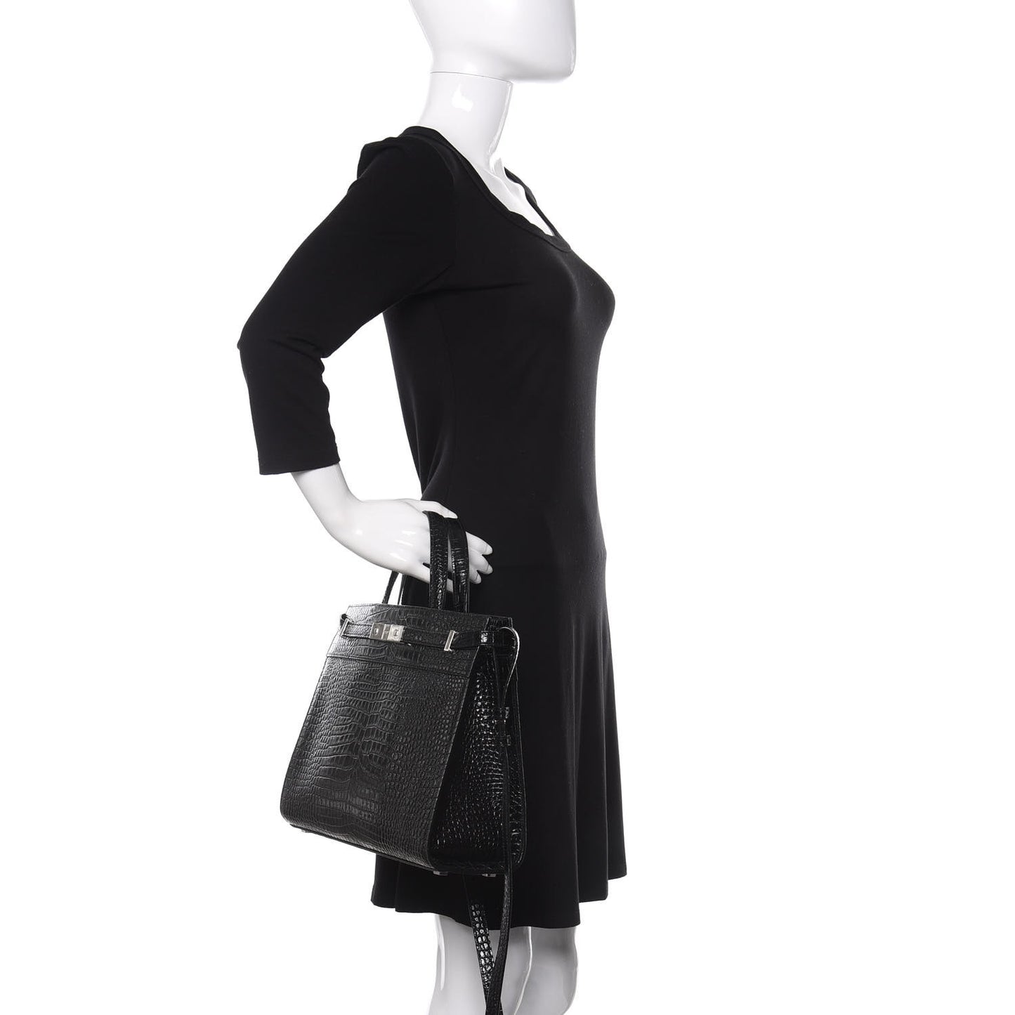 Shiny Calfskin Crocodile Embossed Small Manhattan Shopper Tote Black