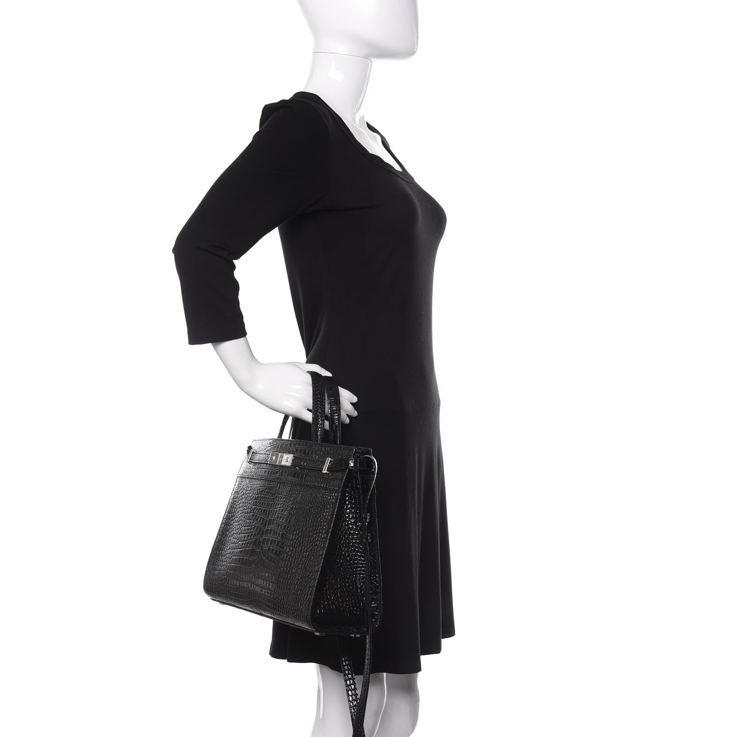 Saint Laurent Shiny Calfskin Crocodile Embossed Small Manhattan Shopper Tote Black 3 of 11