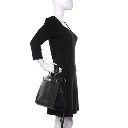 Saint Laurent Shiny Calfskin Crocodile Embossed Small Manhattan Shopper Tote Black 3 of 11