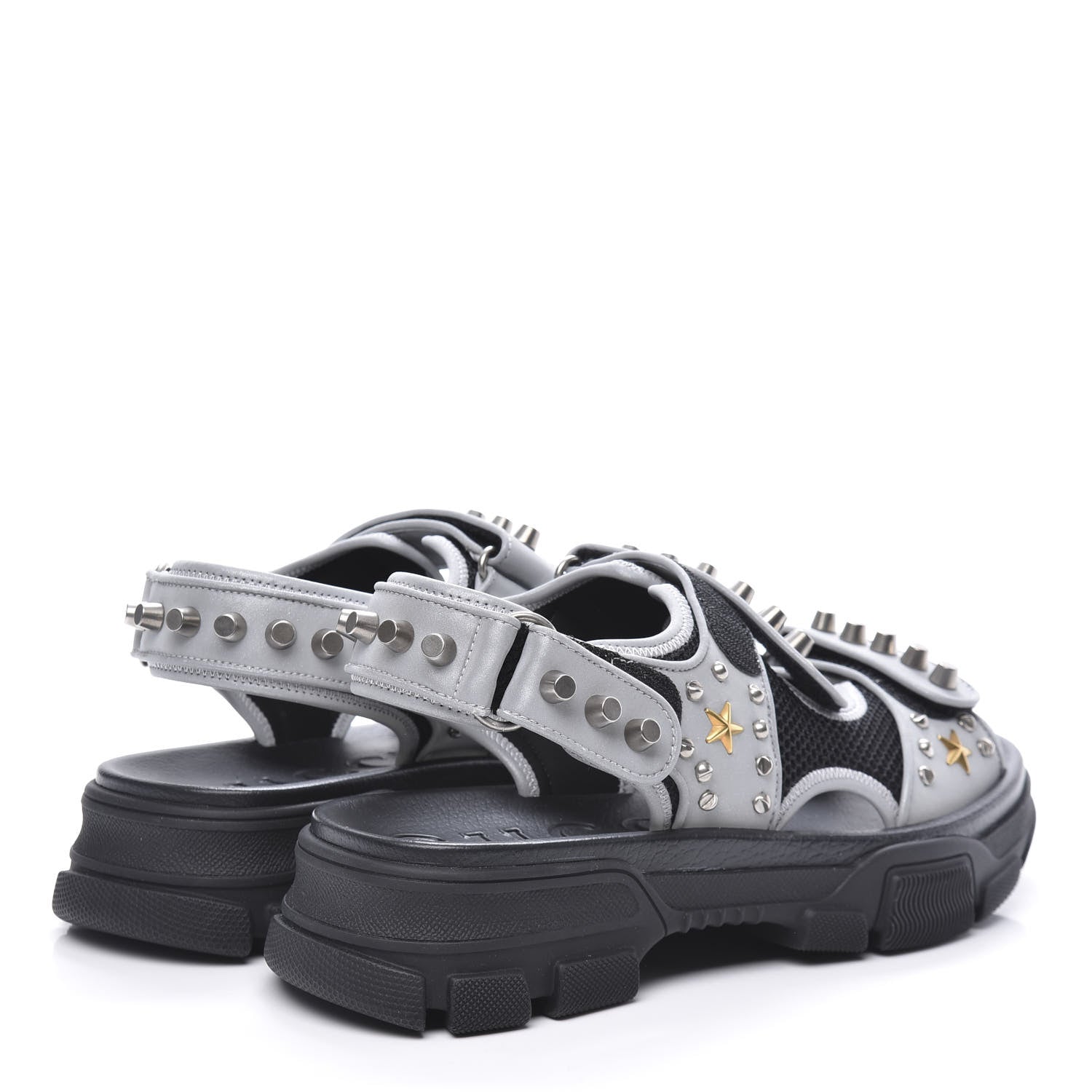 Gucci Technical Canvas Calfskin Reflective Studded Mens Aguru Sandals 8 Silver Black 4 of 7