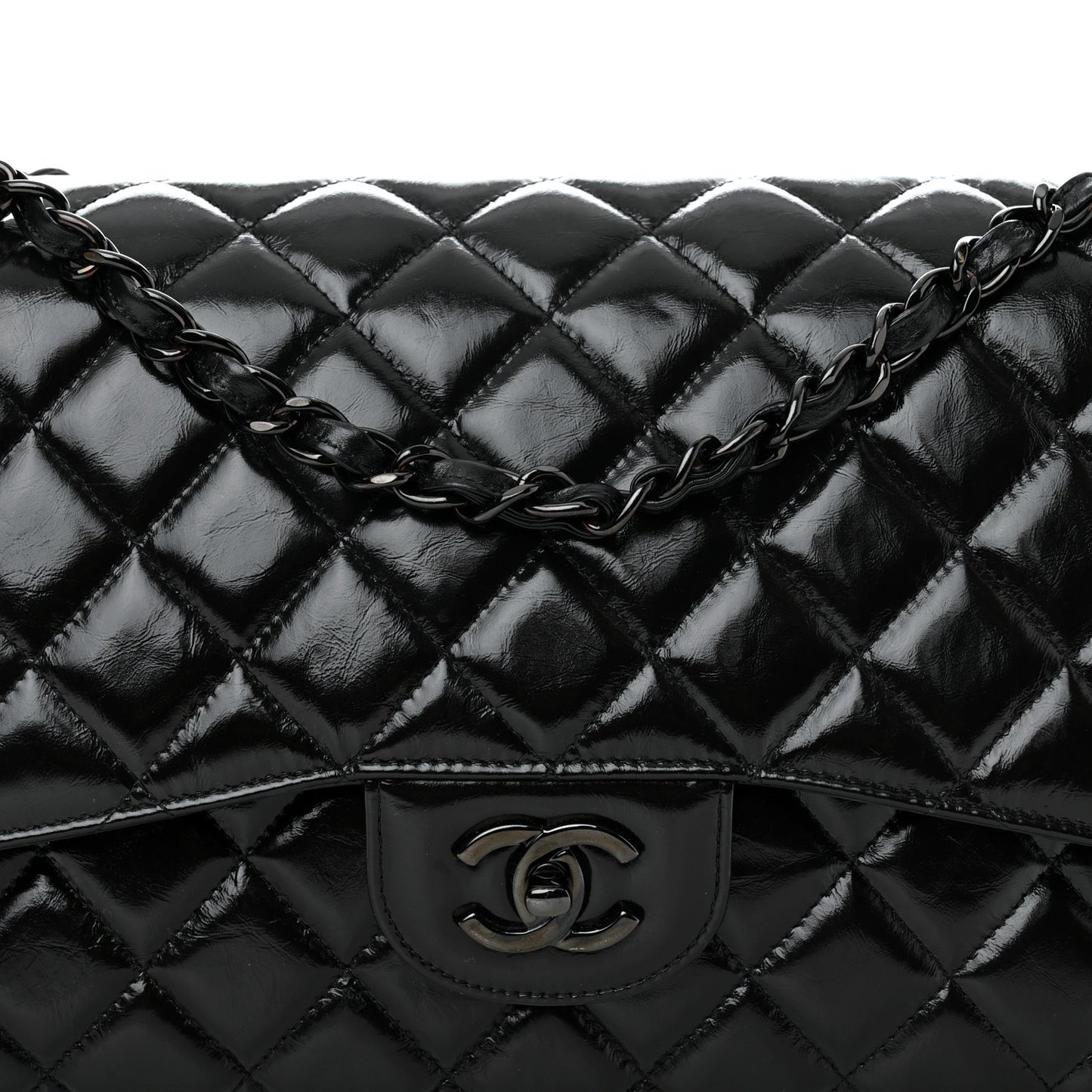 Shiny Distressed Calfskin Quilted Jumbo Double Flap So Black