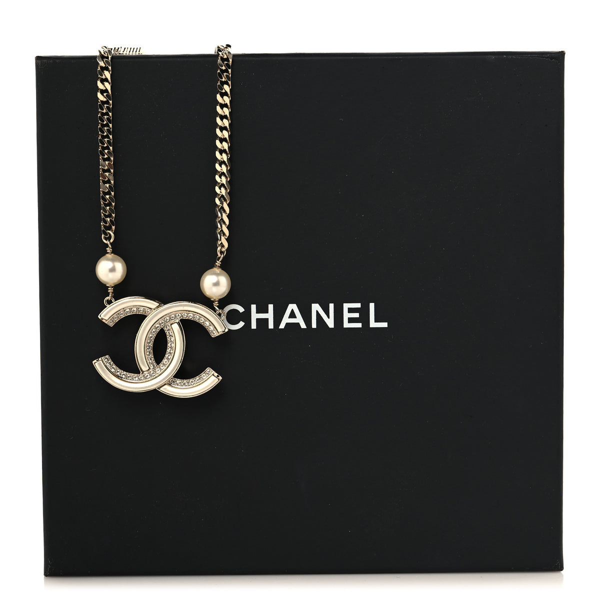 Resin Crystal Pearl CC Pendant Necklace Gold
