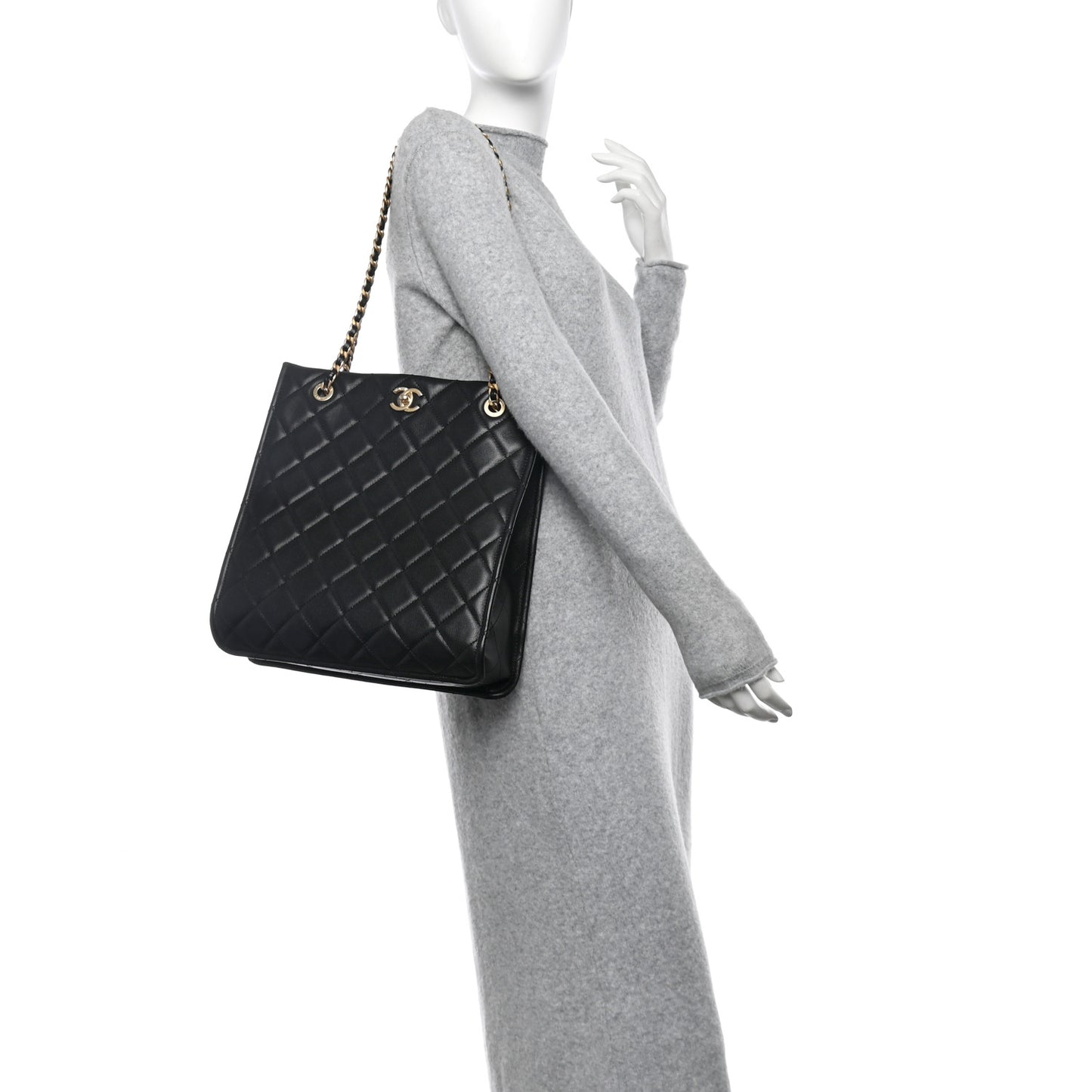 Caviar Quilted Sweet Vertical Shopping Tote Black