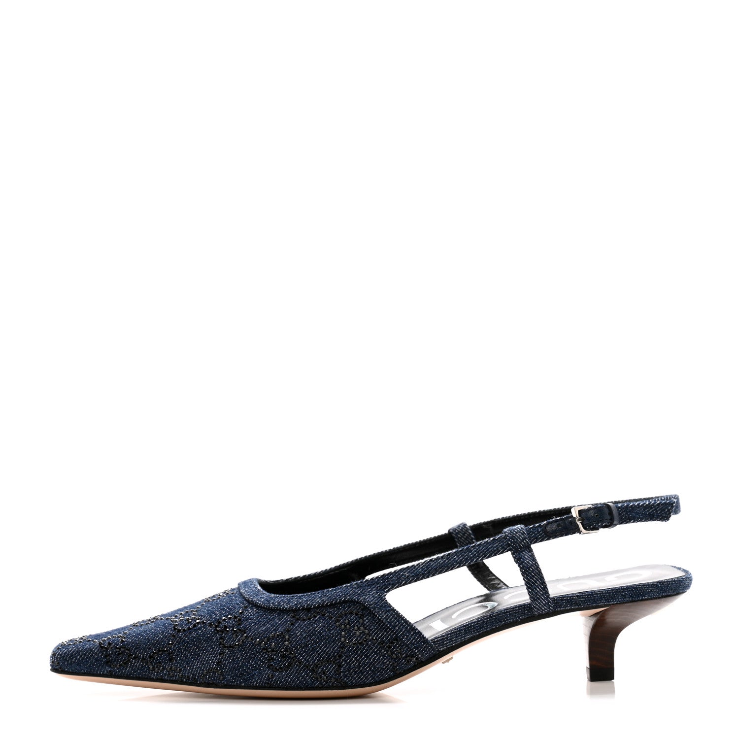 Gucci Denim GG Monogram Malaga Kid Crystal Square G 35mm Slingback Pumps 39 Blue 1 of 10