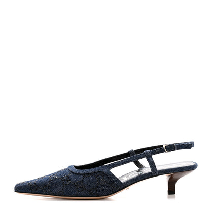 Gucci Denim GG Monogram Malaga Kid Crystal Square G 35mm Slingback Pumps 39 Blue 1 of 10
