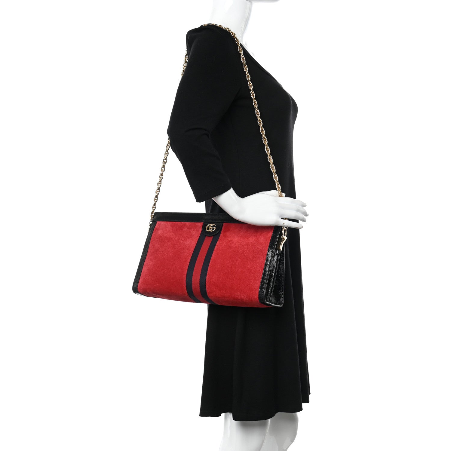 Gucci Suede Patent Web Medium Ophidia Chain Shoulder Bag Hibiscus Red Black 2 of 15
