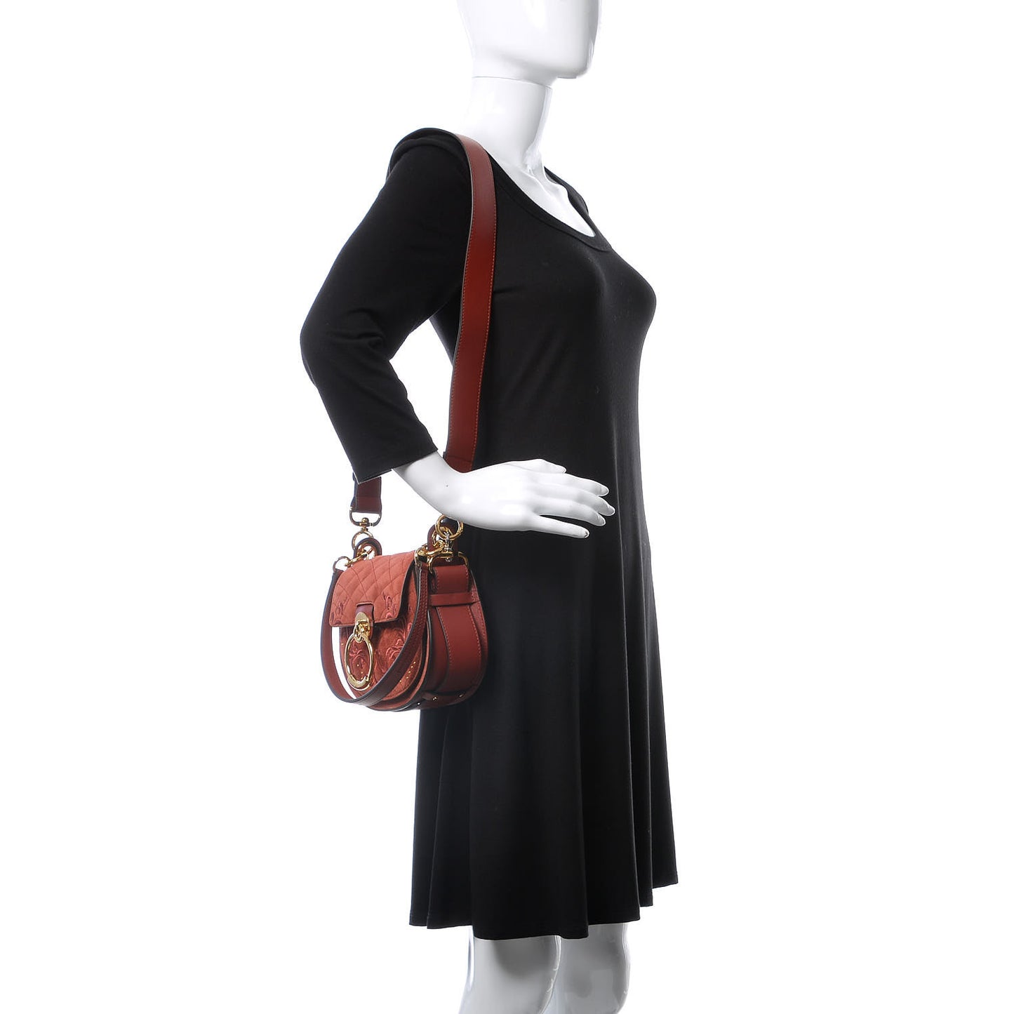 Suede Calfskin Quilted Embroidered Small Tess Bag Reddish Brown