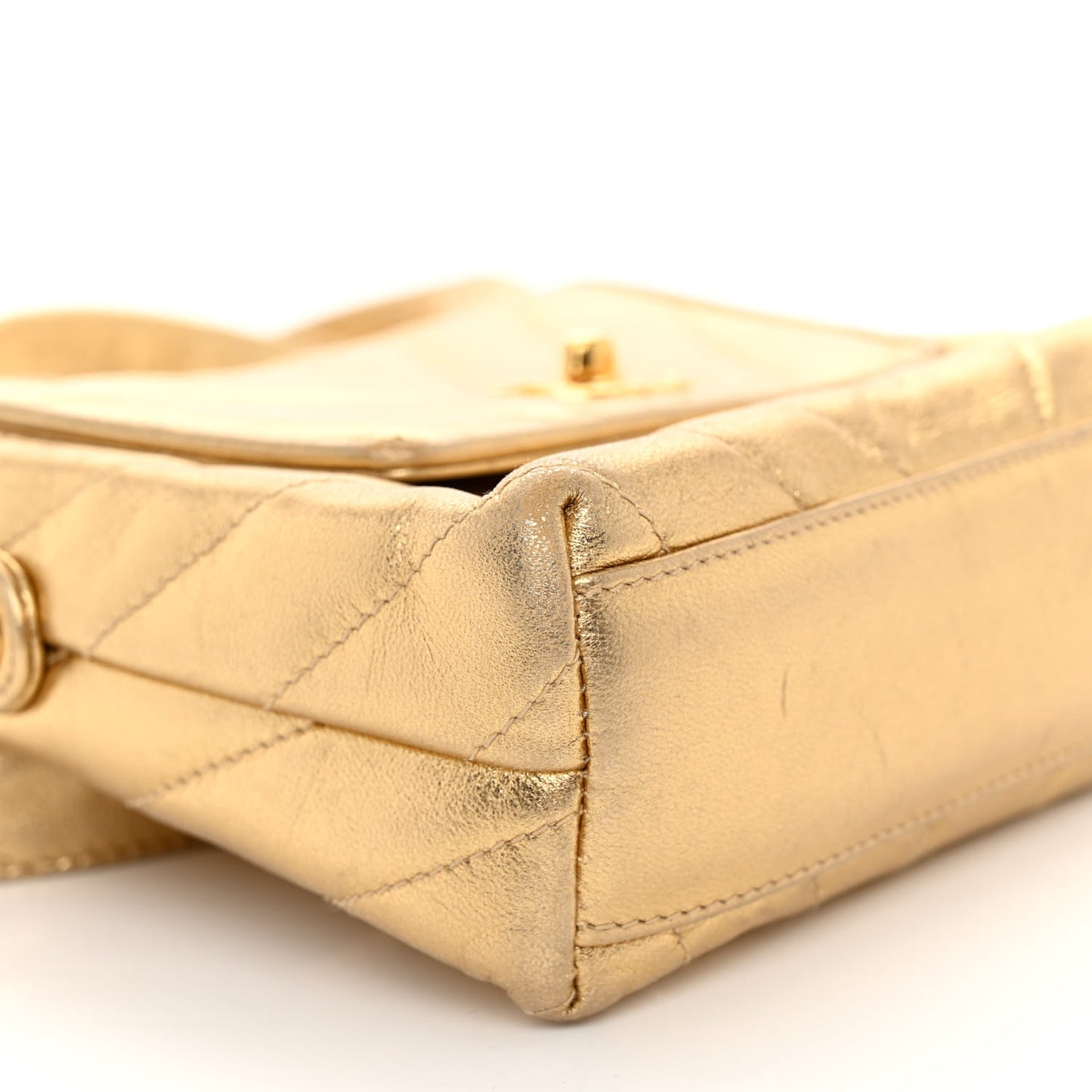 Metallic Lambskin Chevron Quilted Micro Flap Bag Gold