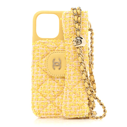 Chanel Tweed Quilted iPhone XII Pro Case With Chain Yellow Pink 1 of 13