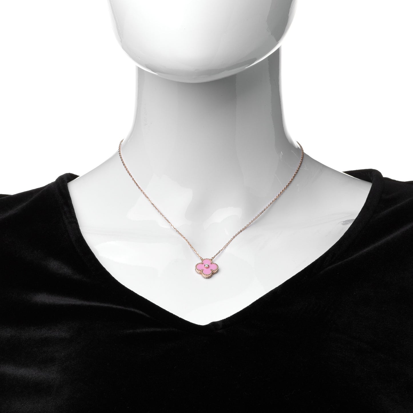 18K Rose Gold Diamond Pink Porcelain Vintage Alhambra Pendant Necklace